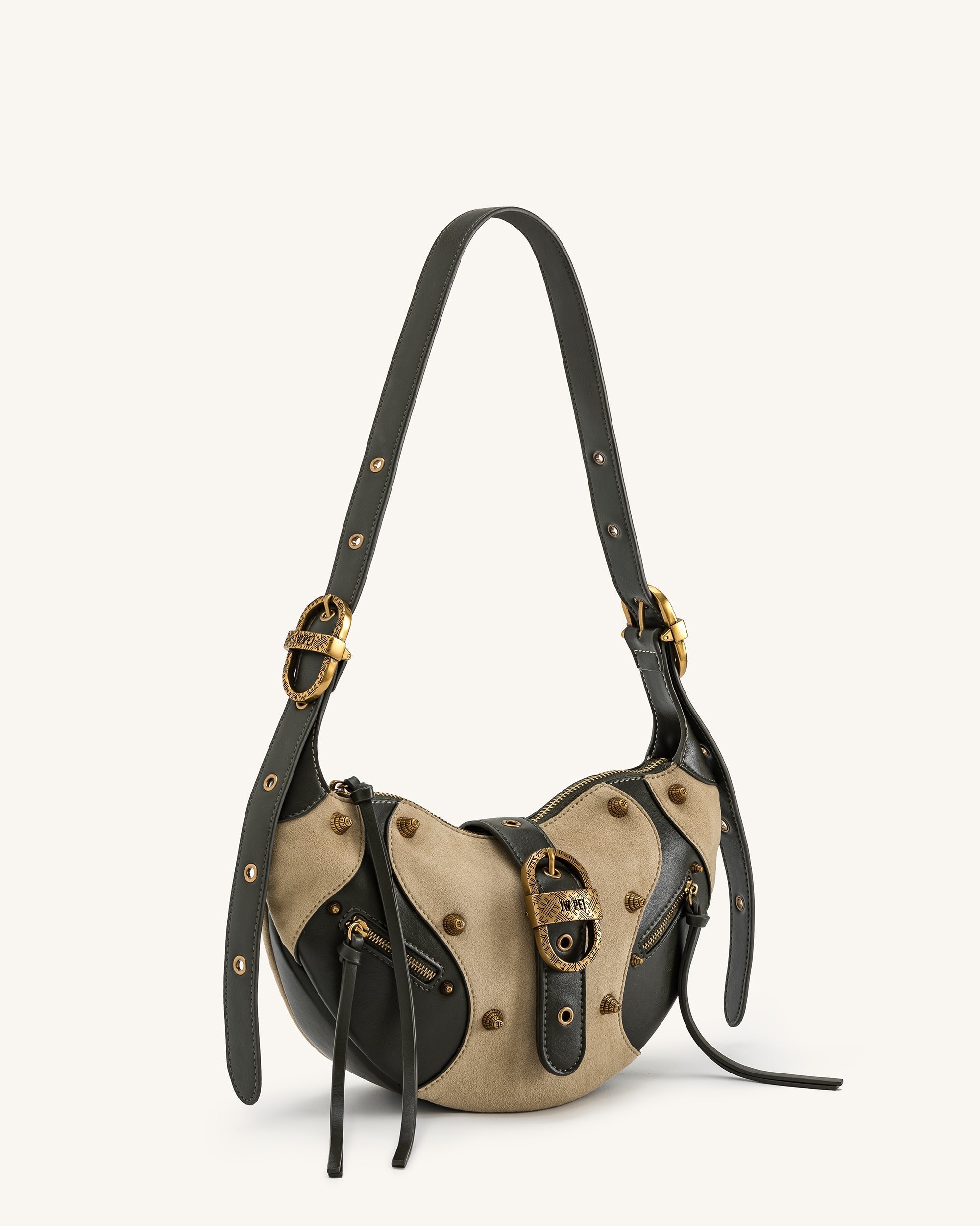 Tessa Faux Suede Studded Shoulder Bag - Khaki Green