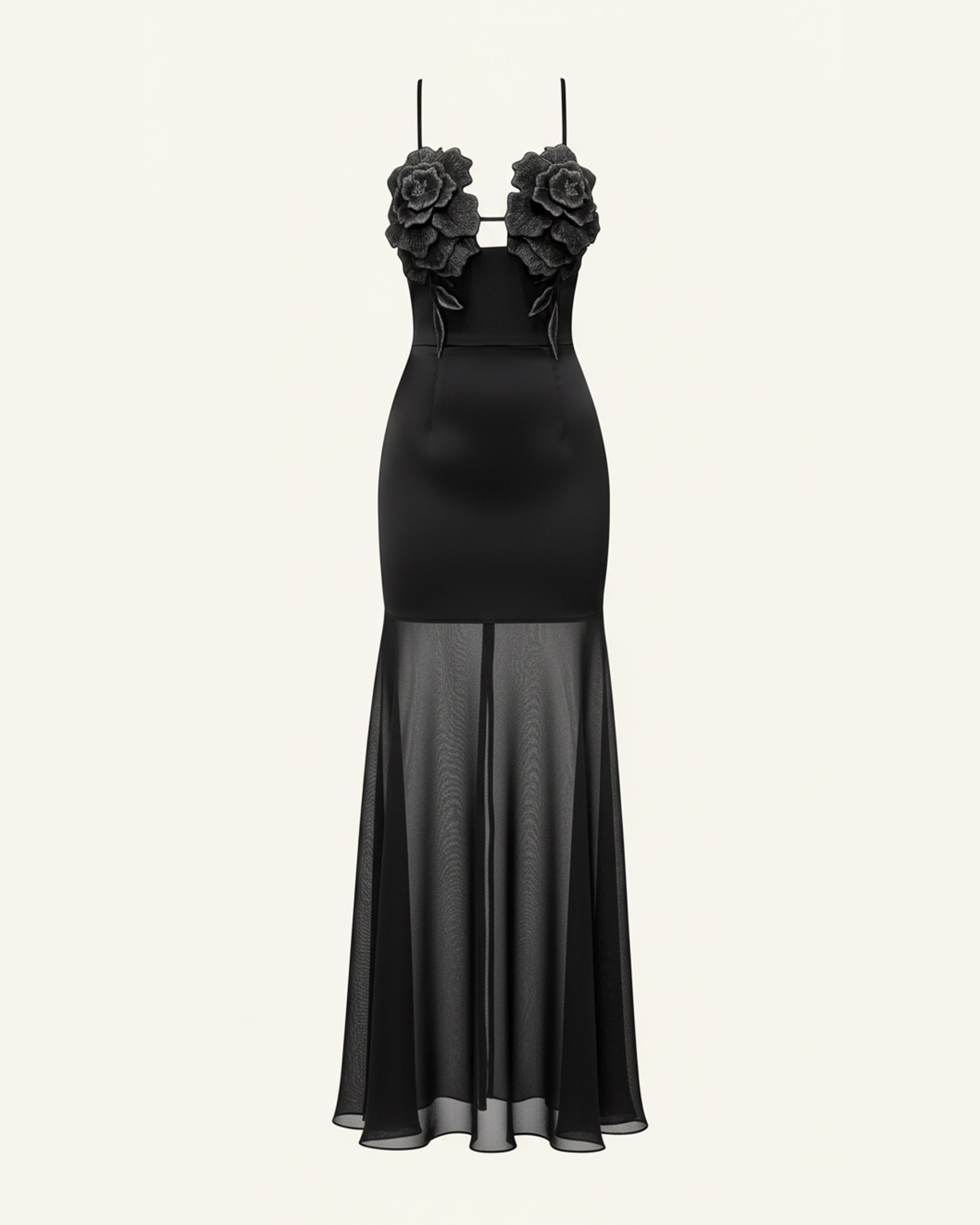 3D Floral Strappy Mesh Maxi Dress - Black