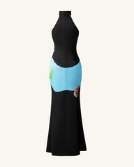 Floral Satin Halter Dress - Multicolor Black